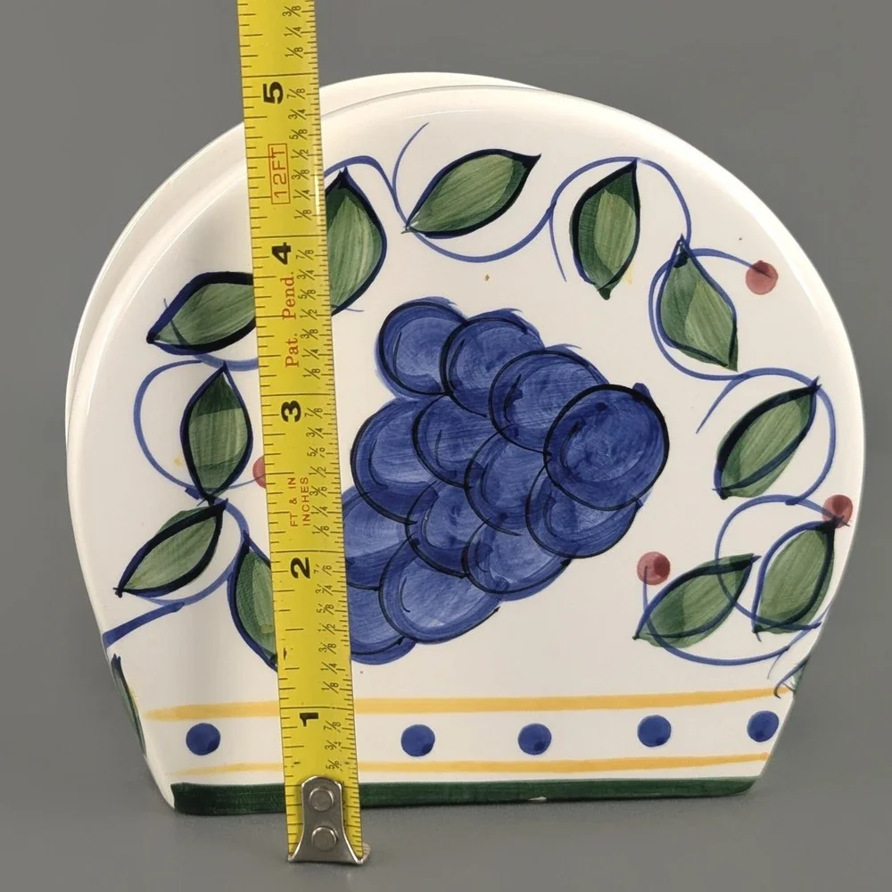 Vintage Hand Painted Ceramic Fruit Napkin Holder Grapes Pear Kitchen Decor